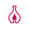 A stylized red outline of a tulip-shaped flower with a central teardrop design on a white background.