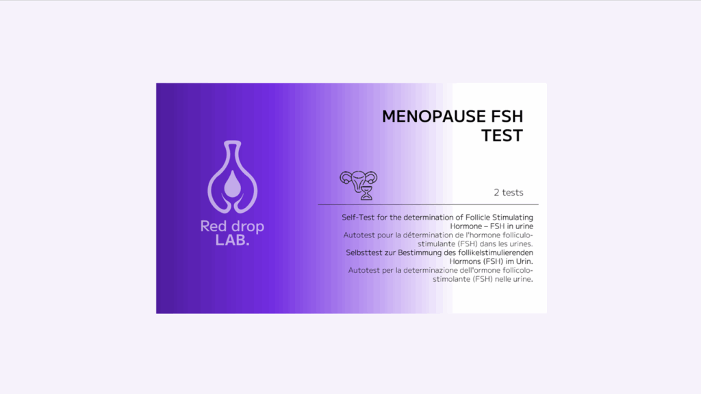 Box for "MENOPAUSE FSH TEST - (Coming Soon)" showing it contains 2 tests, with product details in several languages on a purple and white background.