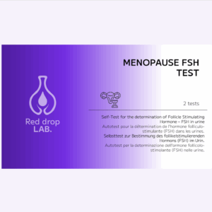 Boîte pour MENOPAUSE FSH TEST (Bientôt disponible) avec deux tests inclus ; étiqueté comme un autotest pour mesurer les niveaux d'hormone folliculo-stimulante (FSH) dans l'urine.