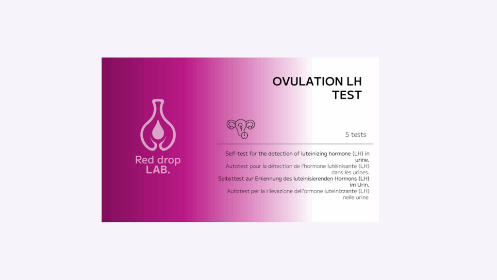 Rectangular packaging for OVULATION LH TEST - (Coming Soon), with a pink gradient, test kit details, and text in English, French, and German.