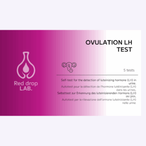 Scatola per TEST OVULAZIONE LH - (In arrivo), con marchio, icona di una provetta e testo multilingue che indica che contiene 5 autotest per la rilevazione dell'ormone luteinizzante nelle urine.