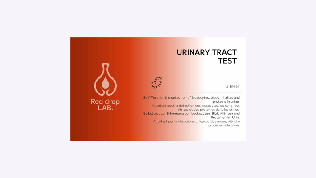A box labeled "URINARY TRACT INFECTION TEST - (Coming Soon)" with the Red Drop Lab logo, stating it includes 3 tests to detect leukocytes, blood, nitrites, and proteins in urine.