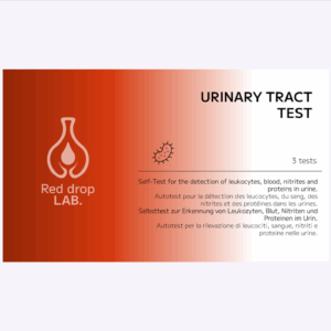 La confezione rettangolare del "Test per l'infezione del tratto URINARIO - (Prossimamente)" è caratterizzata da una sfumatura rossa, testo bianco, icona a goccia e informazioni multilingue per la rilevazione di leucociti, sangue, nitriti e proteine.