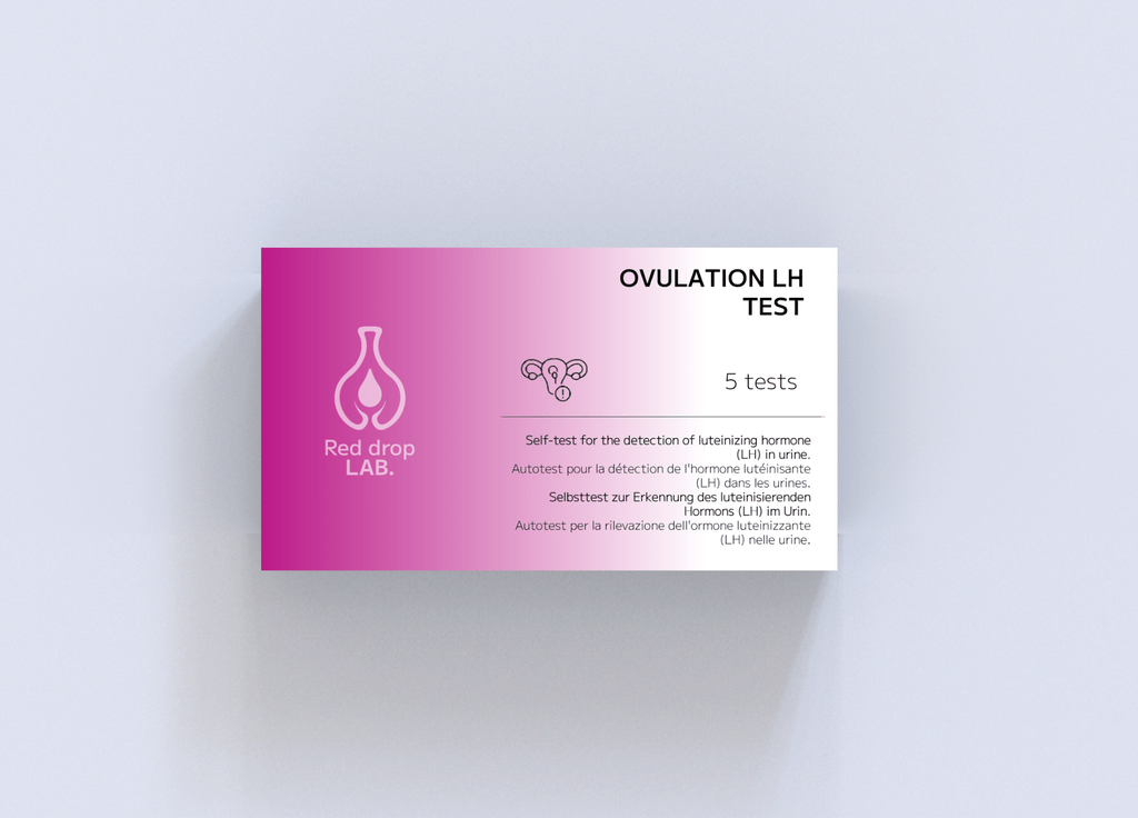 High-quality image of the Red Drop Lab ovulation test kit, featuring clean Swiss design in lpink tones. This self-test helps women monitor ovulation and fertility hormones easily at home.