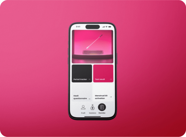 A smartphone displaying an app with period tracking and menstrual kit activation features, set against a gradient pink background.