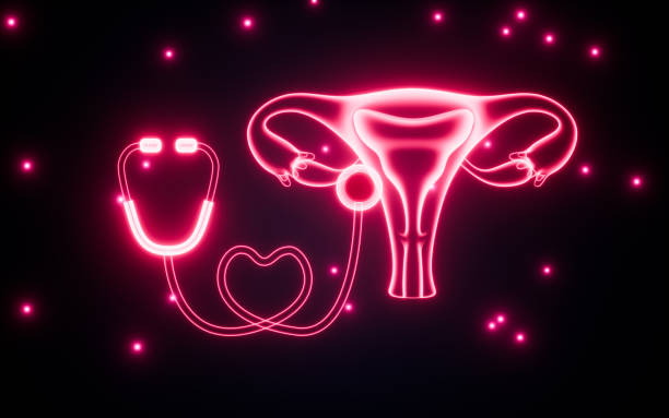 Neon illustration of a uterus connected to a stethoscope, surrounded by glowing dots on a black background.