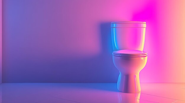A modern toilet against a wall, illuminated by pink and blue lights, with a reflective floor.