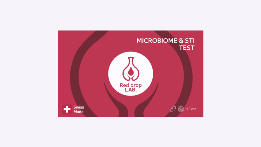 Vaginal and STI test kit packaging features a stylized red and white logo with a "Swiss Made" label set against a red background.