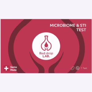 Un graphique rouge et blanc affiche "Test vaginal et test IST" et "Red drop LAB", avec une icône de flacon et un label Swiss Made.