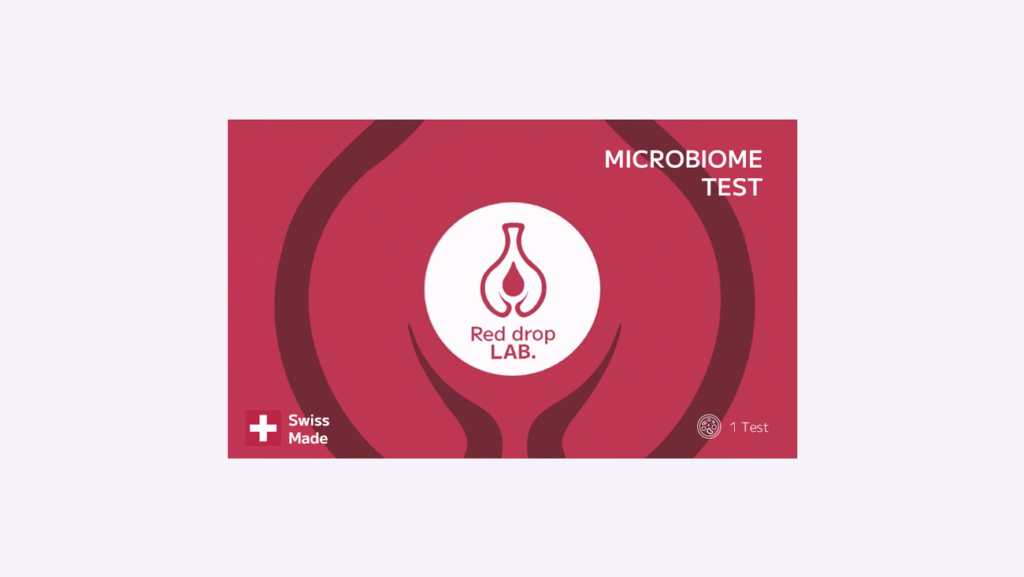 Rectangular package labeled "Red drop LAB" with a drop logo, text stating "Vaginal health Test," "Swiss Made," and indicating it contains one test.