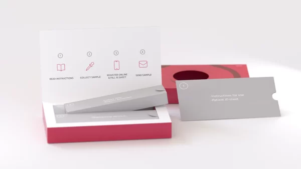 Medical sampling kit with instructions, sampling device, and patient ID sheet in a red box.
