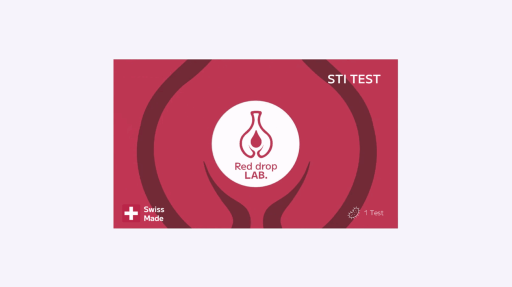Red and pink box labeled "Red drop LAB." with droplet logo and Swiss Made icon contains one Sexually Transmitted Infections (STI) test kit.