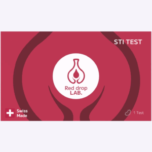 Un emballage rouge et rose étiqueté "Test IST" avec le logo d'une goutte d'eau et les mentions "STI TEST", "Swiss Made" et "1 Test" sur la face avant.