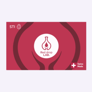 A red and white logo for the "STI Test" features a drop-shaped flask, the letters STI in the top left, and a Swiss Made symbol with a cross in the bottom right.