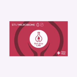 The Vaginal and STI test features the Red Drop Lab logo on a red background with STI/Microbiome text, scientific icons, and a "Swiss Made" label in the bottom right corner.