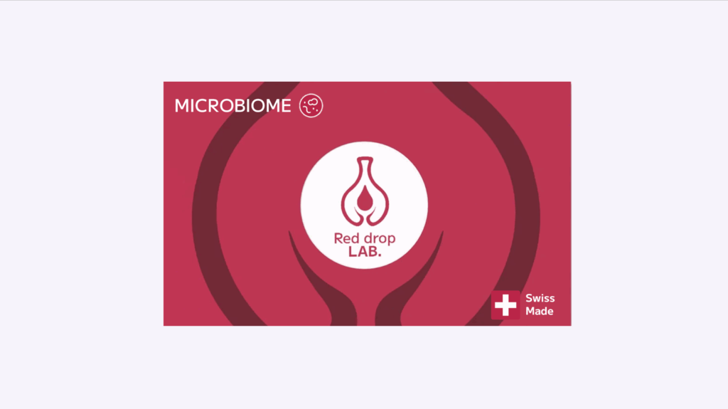 Logo LAB a goccia rossa su sfondo rosso con testo "Test di salute vaginale" e "Swiss Made", oltre a una croce medica bianca nell'angolo.