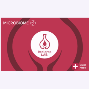 A red and white graphic for "Red Drop Lab" features a droplet logo, the words "Vaginal health Test," and a Swiss flag icon labeled "Swiss Made.