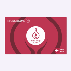 Rectangular graphic with a red background, featuring the text "Vaginal health Test" and "Red drop LAB." alongside a laboratory flask icon; Swiss Made label appears in the bottom right corner.