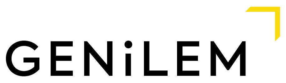 GENILEM-Logo in schwarzer Schrift mit einem kleinen gelben rechtwinkligen Design in der oberen rechten Ecke – perfekt für „Über uns“-Abschnitte oder Markeneinführungen.